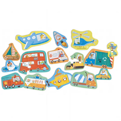 Colourful children's vehicle puzzles, scattered on white. Each depicts an animal driving a different transport.