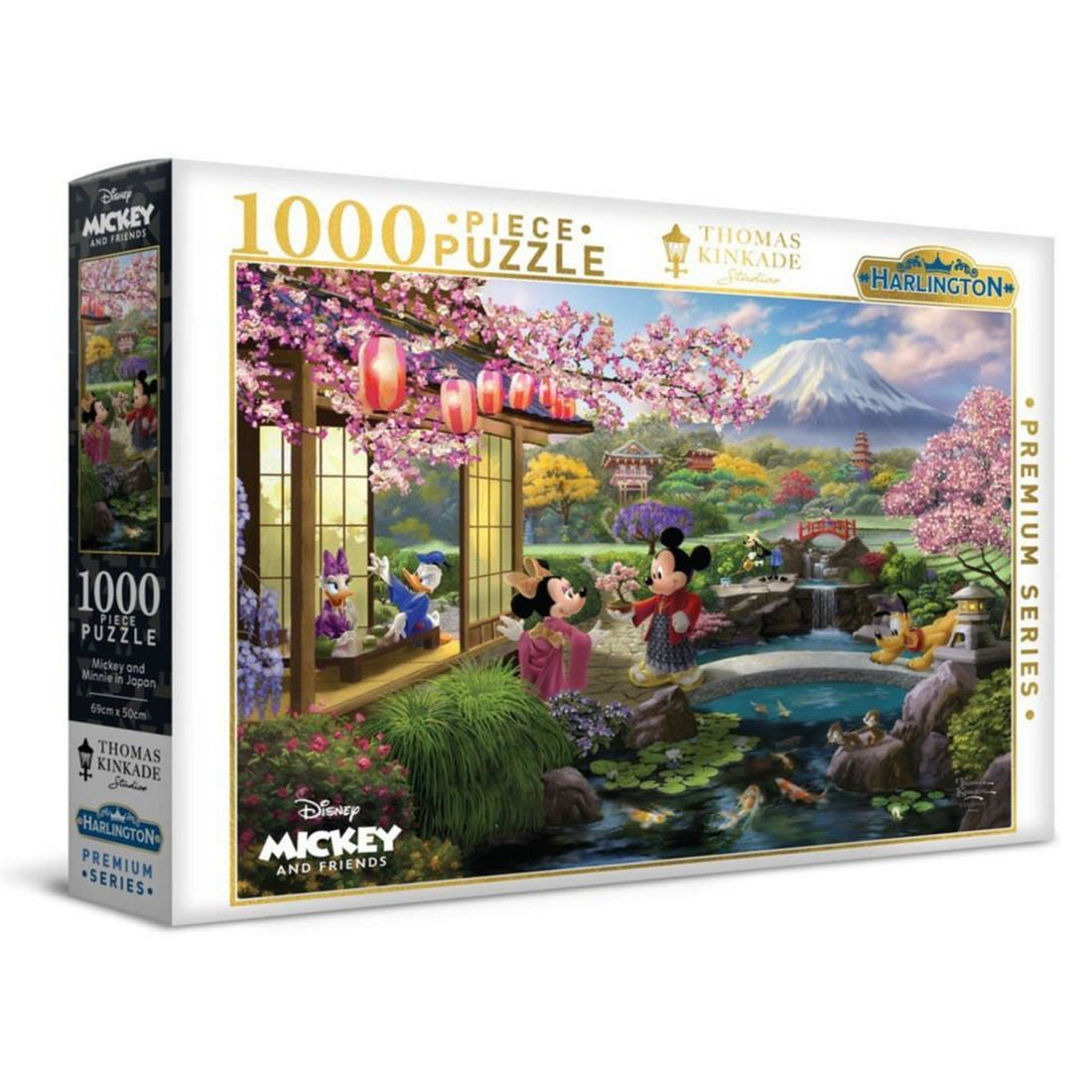 The 1000-piece Disney puzzle box: Mickey and friends in a vibrant Japanese garden with cherry blossoms and Mount Fuji