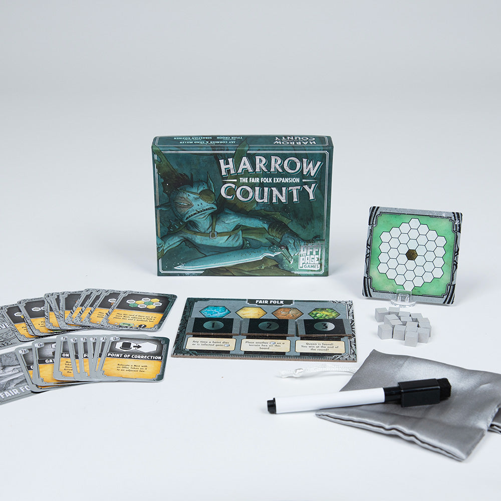 Harrow County: The Fair Folk Expansion board game box, cards, game board, and tokens arranged on a surface