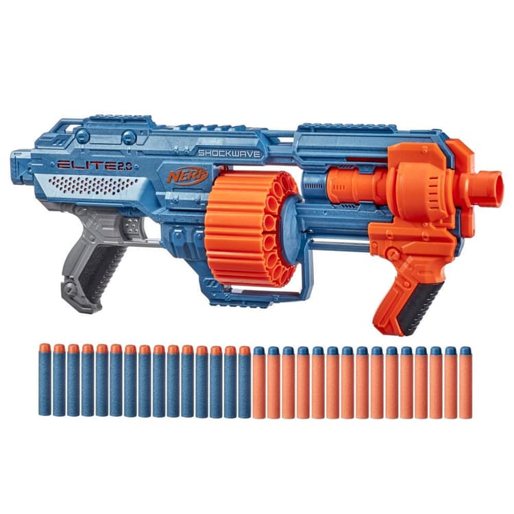 A blue and orange Nerf Elite 2.0 Shockwave blaster with a rotating drum, shown with 30 foam darts.