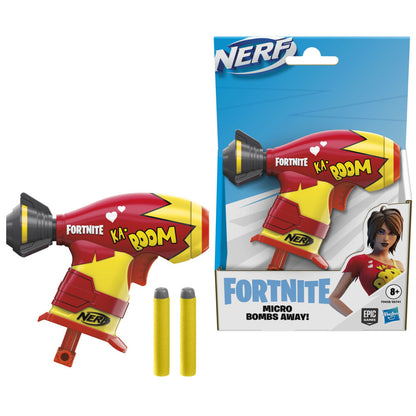 Red and yellow Nerf Fortnite "KA-BOOM" blaster with two darts, shown loose and in its retail packaging.