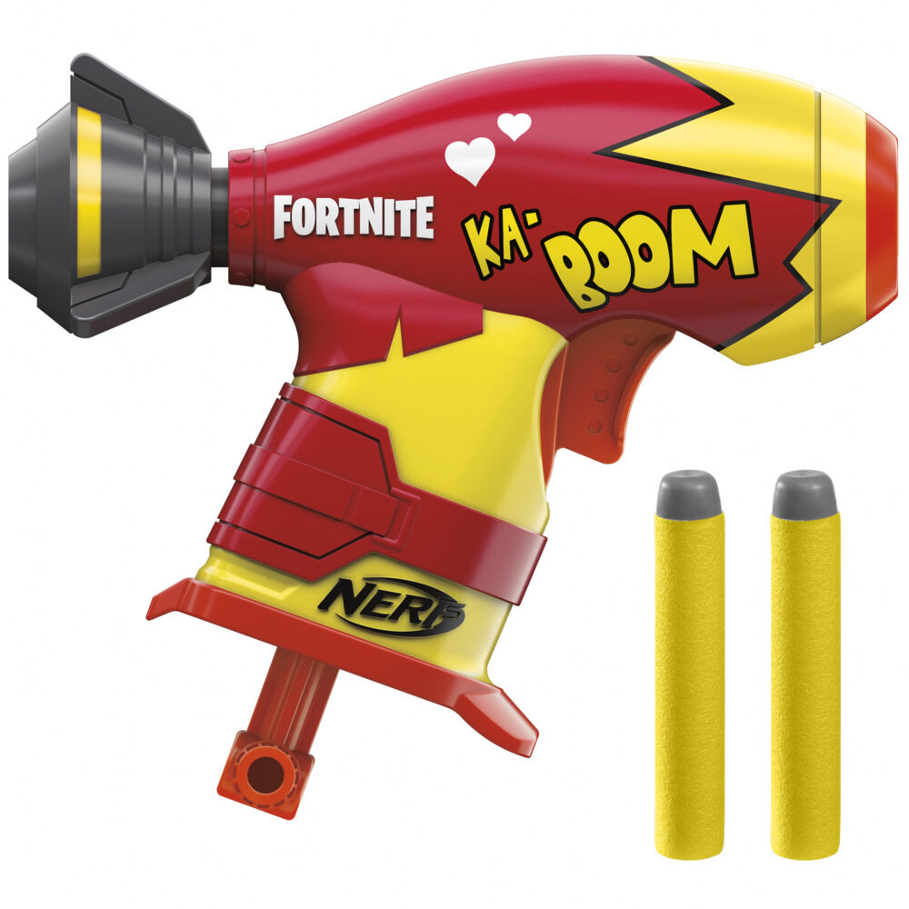 Red and yellow Fortnite Nerf blaster with "KA-BOOM" text on the side and two yellow foam darts.