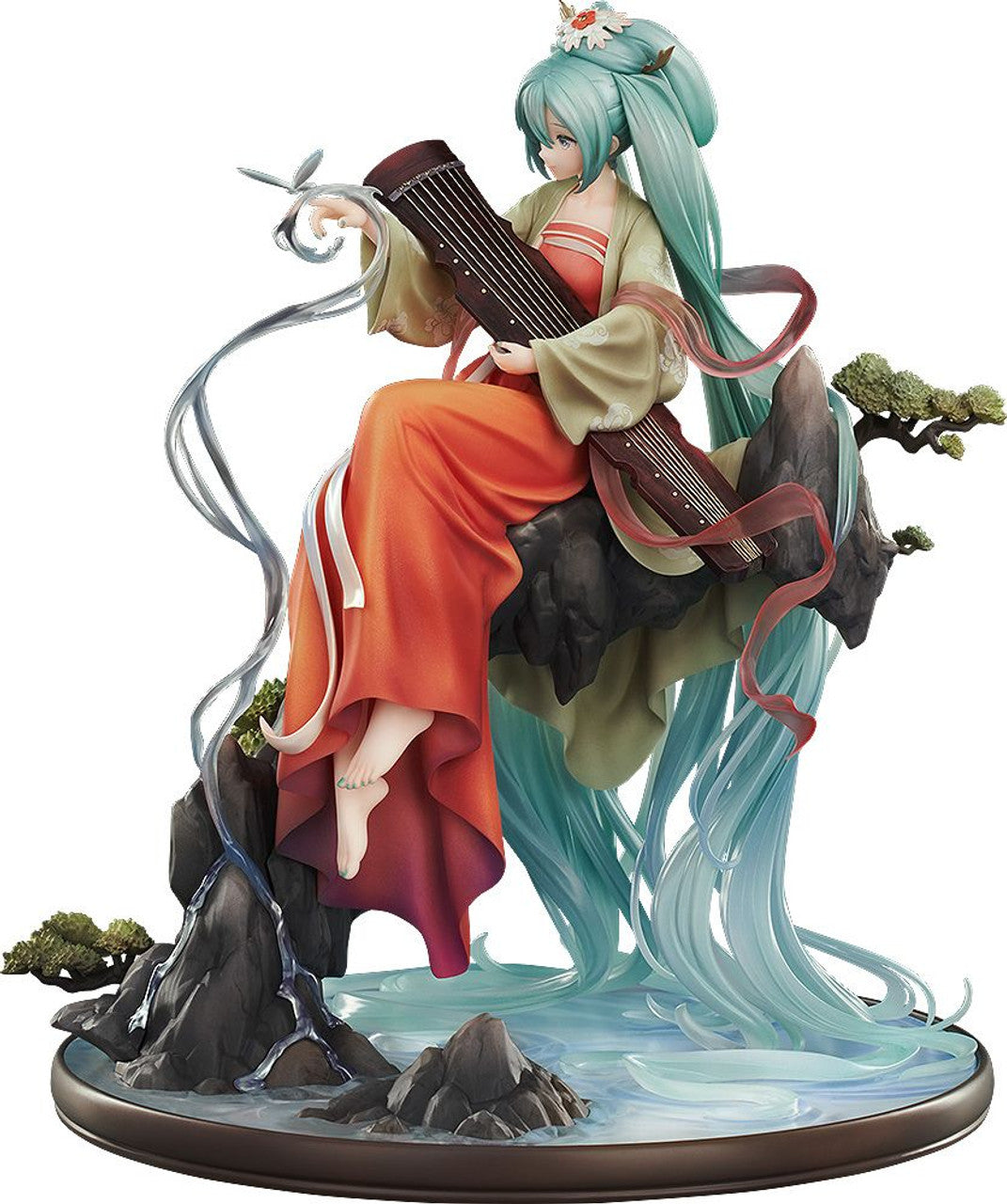 A Hatsune Miku Gao Shan Liu Shui version figure depicts her in traditional orange and green attire playing a guqin while seated on rocks, with her teal hair flowing into water