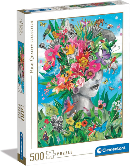 A puzzle box featuring a surreal woman's head emerging from a vibrant crown of flowers, exotic birds, and wild animals.