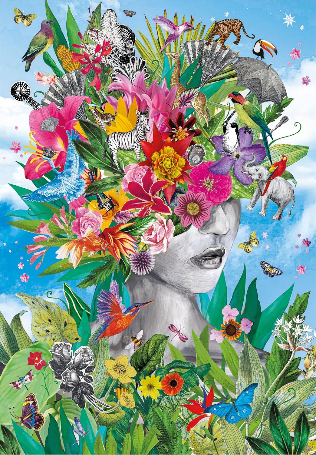 Grayscale woman with vibrant hair of flowers, diverse animals, and foliage against a blue sky.