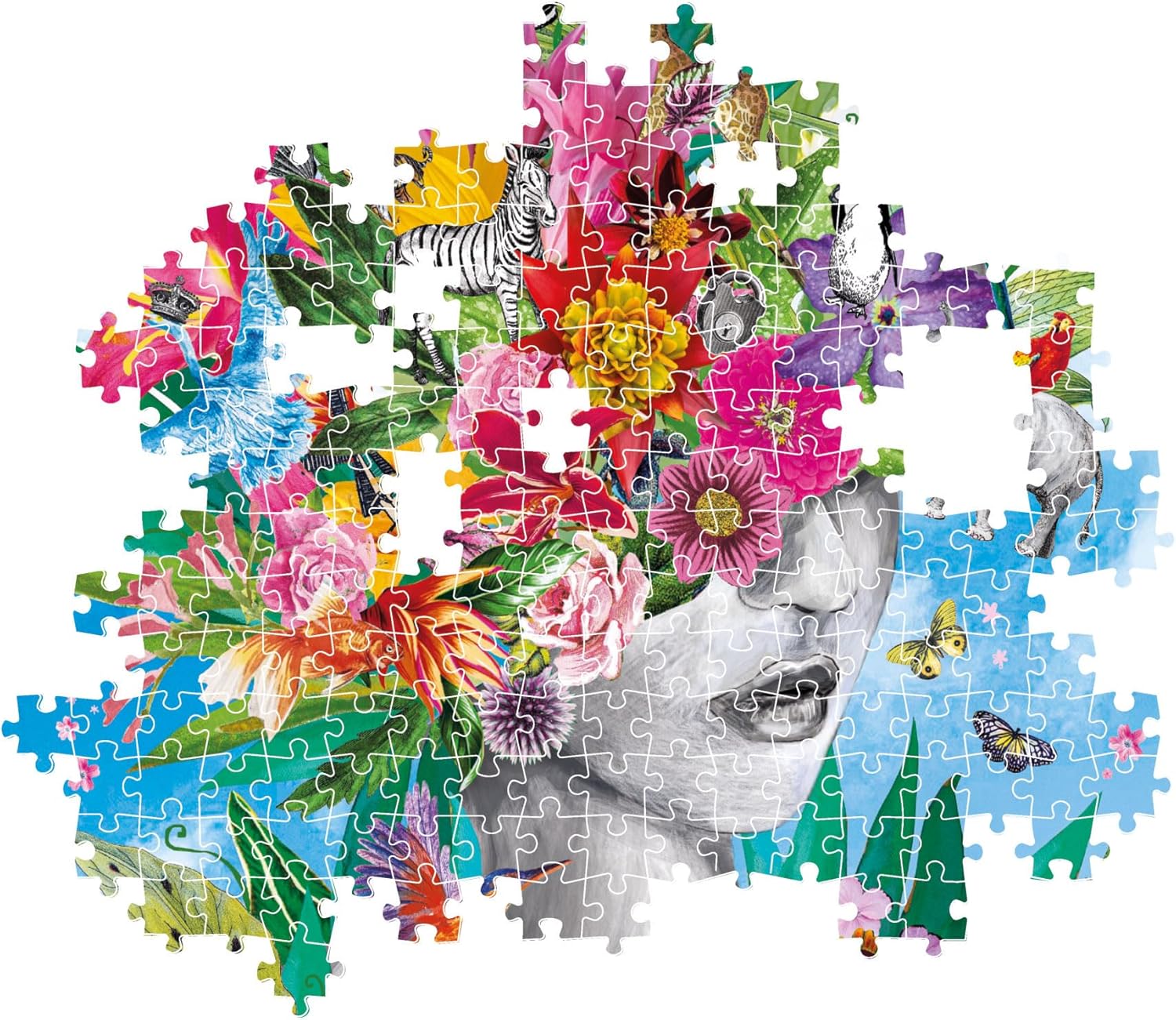 Unfinished jigsaw puzzle: grayscale woman's face crowned with vibrant flowers, animals, and leaves against a blue sky.