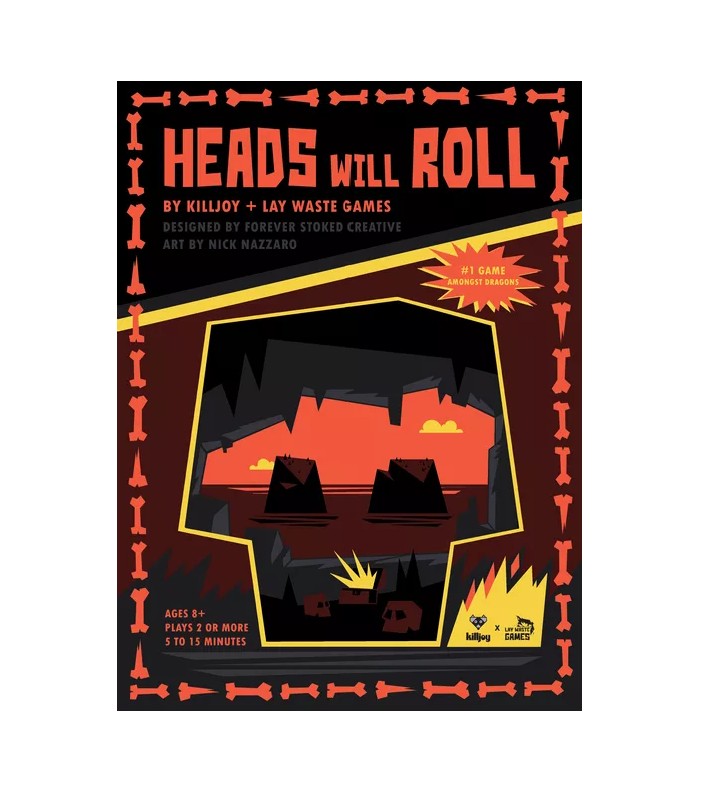 Heads Will Roll game cover. Yellow skull frames a dark cave scene with rock heads and a red sky, bordered by bones.
