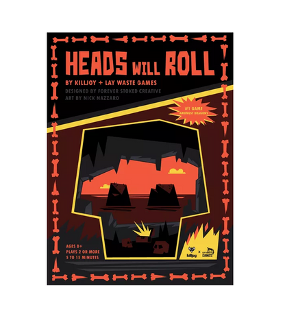 Heads Will Roll game cover. Yellow skull frames a dark cave scene with rock heads and a red sky, bordered by bones.