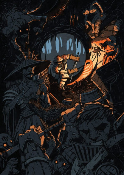 A stylized swordsman battles a horde of glowing-eyed monsters in a dark cavern entrance