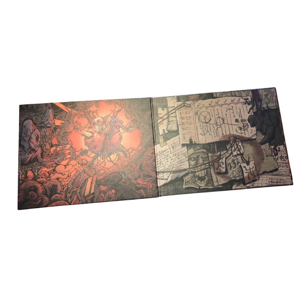 An open illustrated gatefold. Left: a glowing organic heart surrounded by grotesque figures. Right: a collage of scientific diagrams, notes and monster sketches