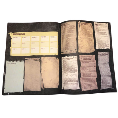 An open role-playing game book displays a 'Beats Tracker,' character classes and dense game lore text