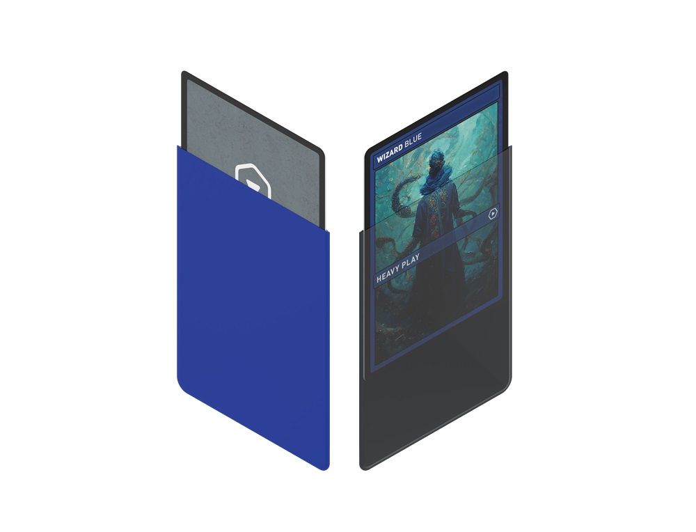 Two sleeved trading cards: one in an opaque blue sleeve showing its back, the other in a clear sleeve displaying a fantasy 'Wizard Blue' card