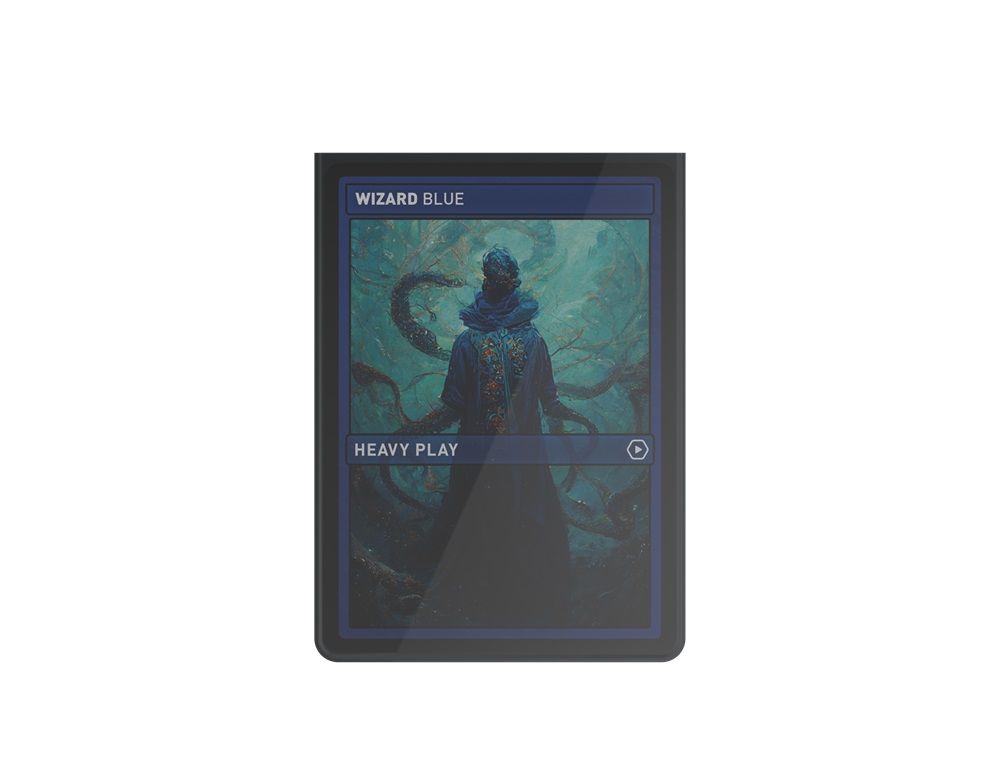 Blue trading card &quot;WIZARD BLUE&quot; features a hooded wizard against swirling teal branches