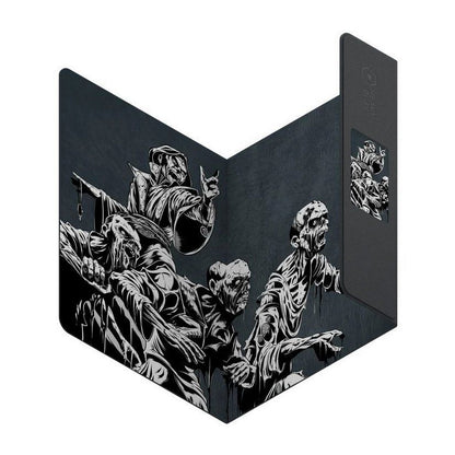Monochrome illustration of a robed figure making a rock-on gesture leading multiple zombies, displayed on a partially folded device