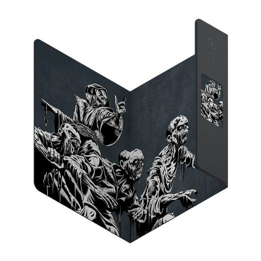Monochrome illustration of a robed figure making a rock-on gesture leading multiple zombies, displayed on a partially folded device