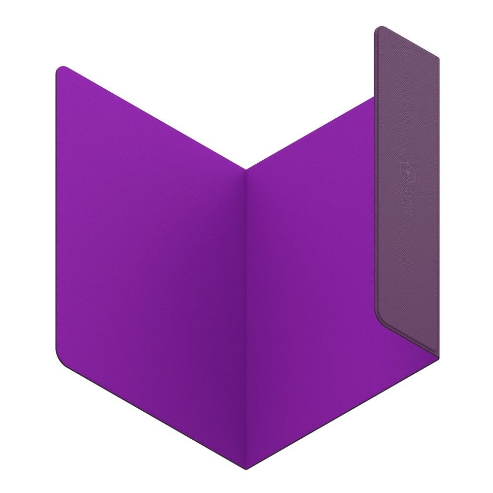 A vibrant purple folder, open in a V-shape, with a textured dark purple flap on the right