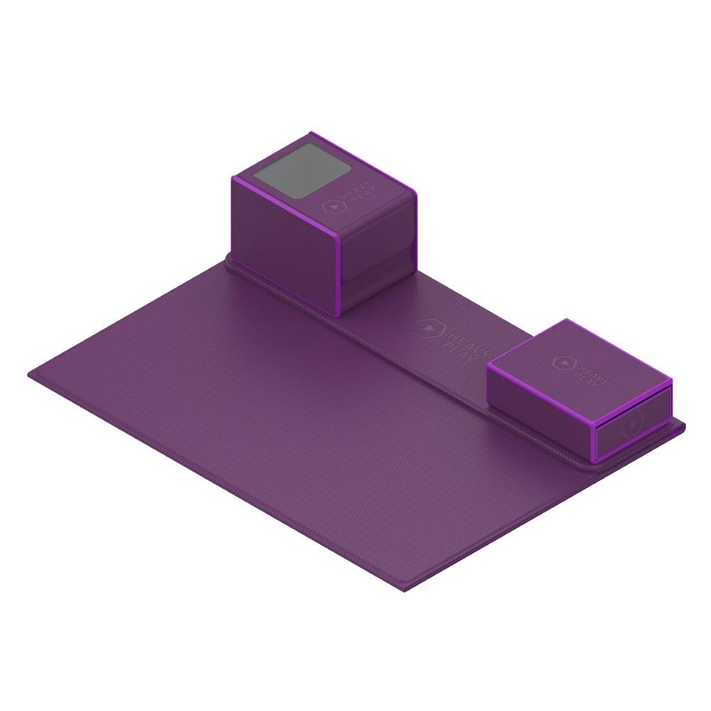 Purple foldable playmat with two attached boxes; one upright with a screen, the other flat