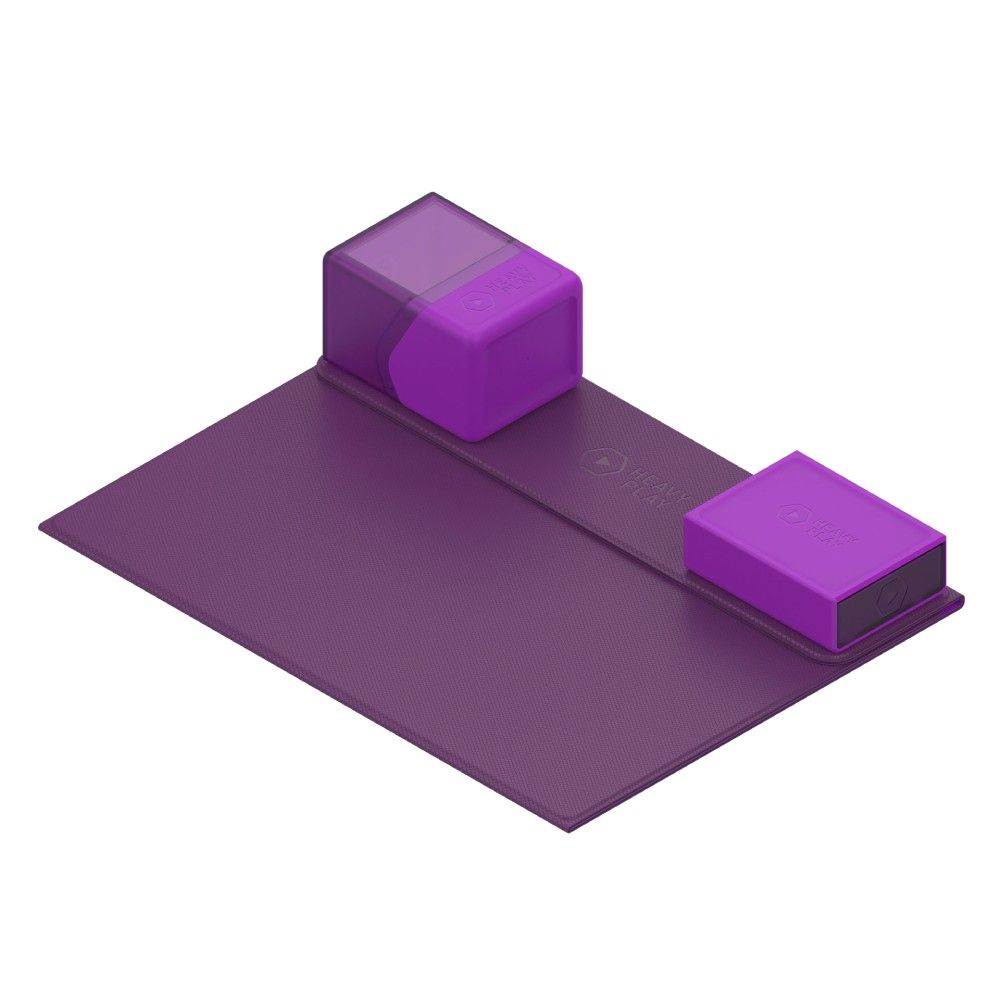 Folded purple playmat displaying two matching purple deck boxes, one with a clear top