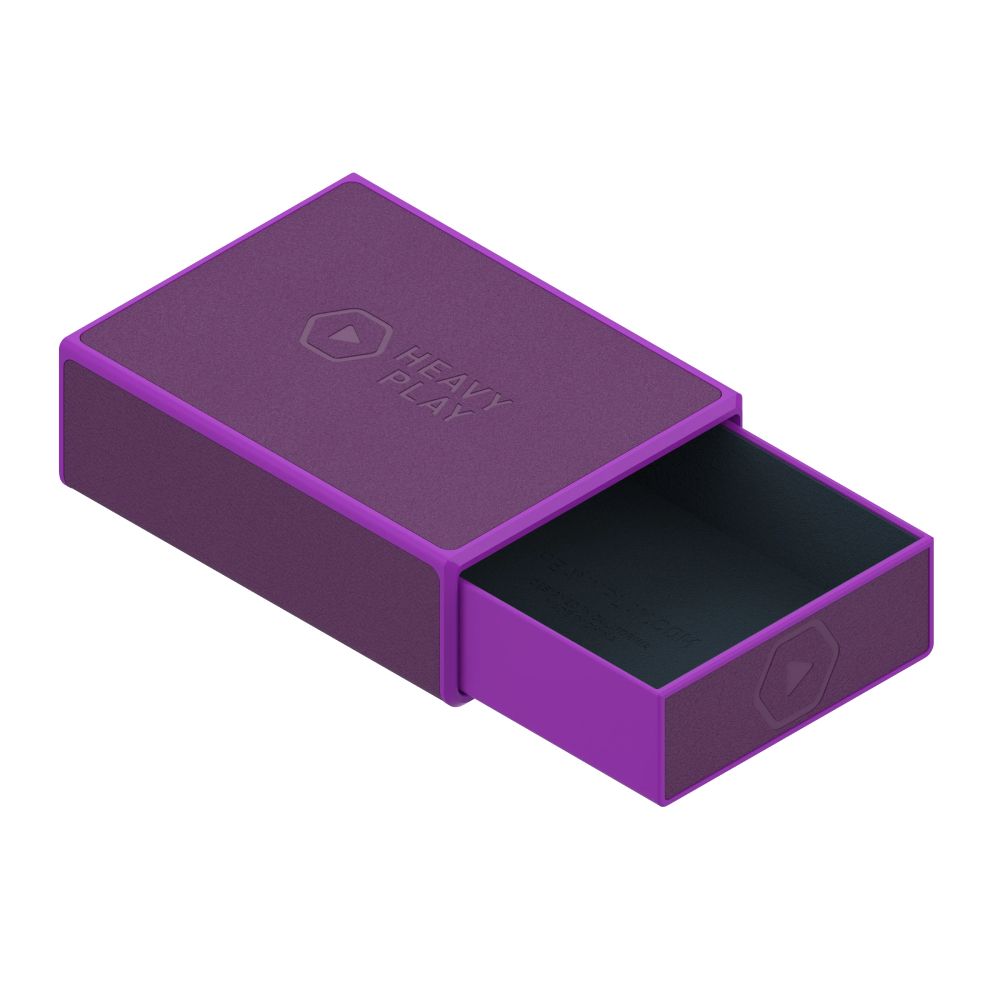 Purple textured box with &#39;HEAVY PLAY&#39; logo on lid, partially open, revealing an empty black inner drawer