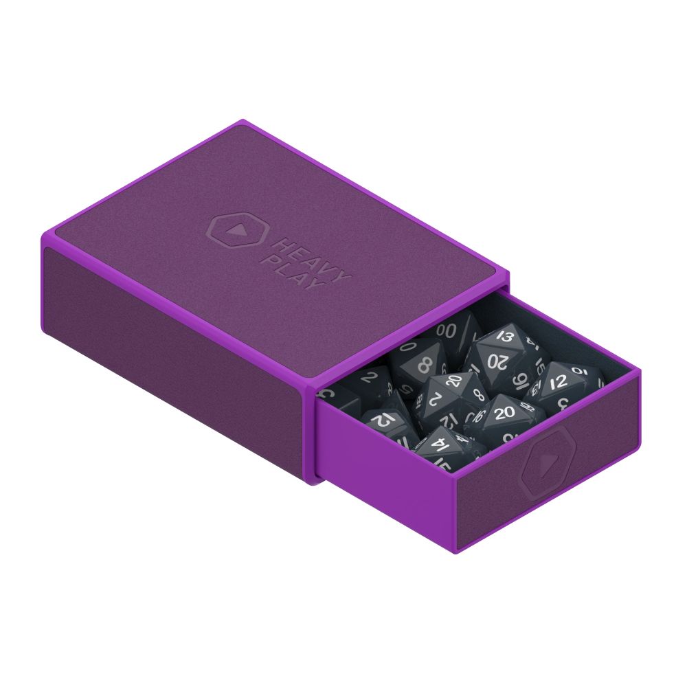 Purple Heavy Play dice box, drawer open, revealing black polyhedral RPG dice inside