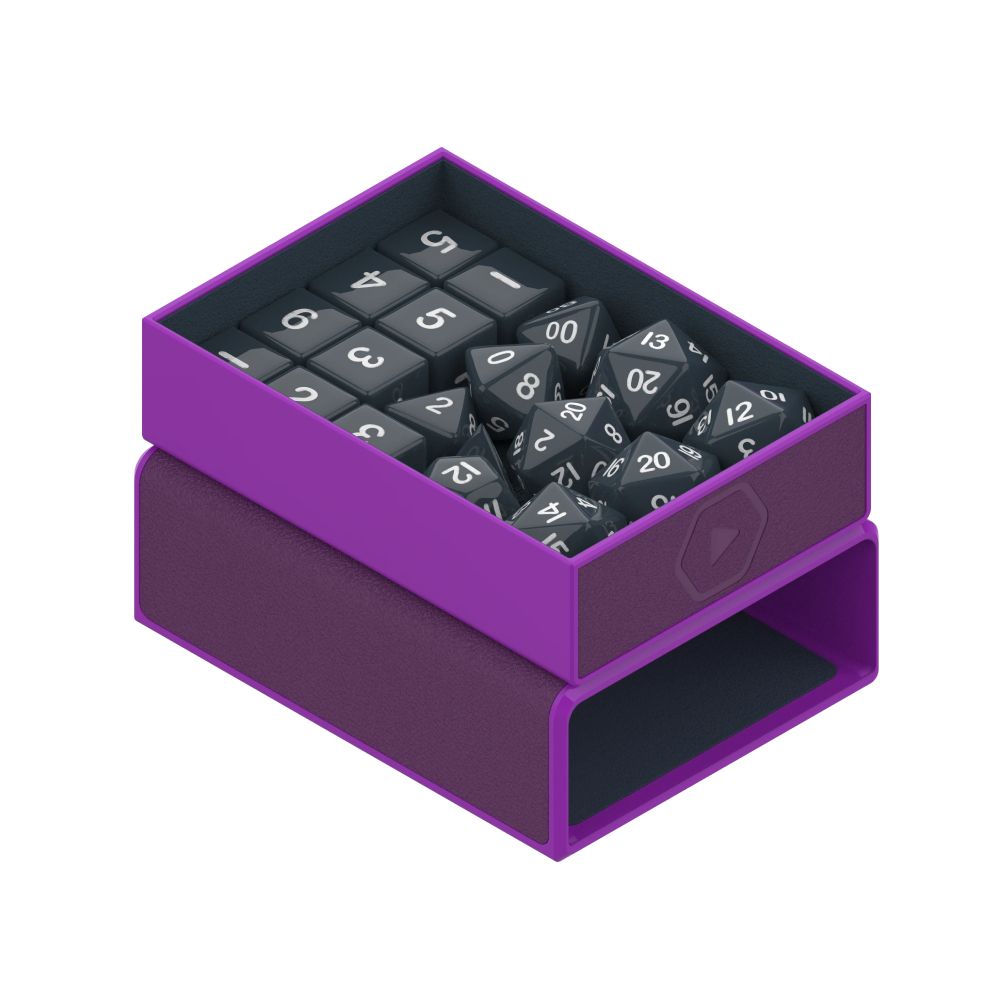 Purple dice storage box filled with black polyhedral dice and square number tokens