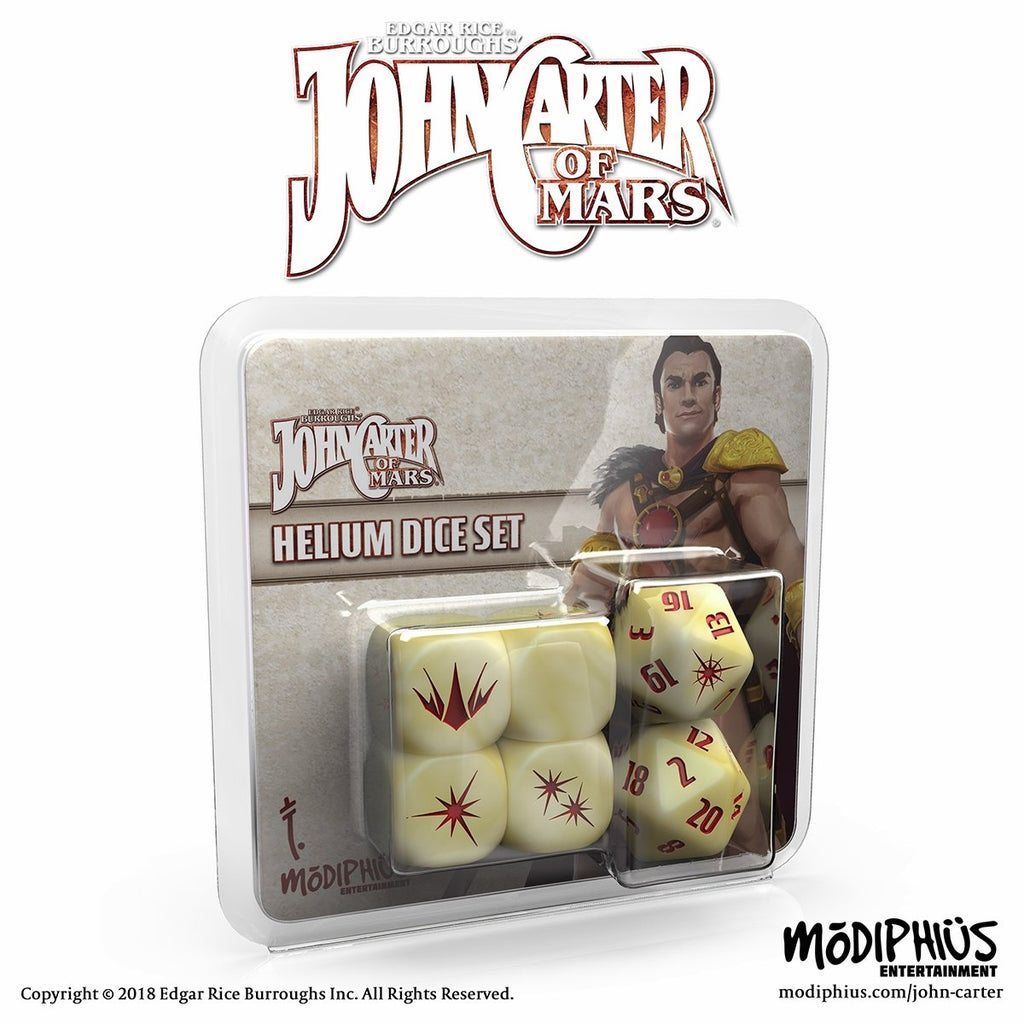 John Carter of Mars Helium Dice Set in clear package. Features illustrated John Carter and off-white dice with red markings