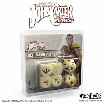 John Carter of Mars Helium Dice Set in clear package. Features illustrated John Carter and off-white dice with red markings