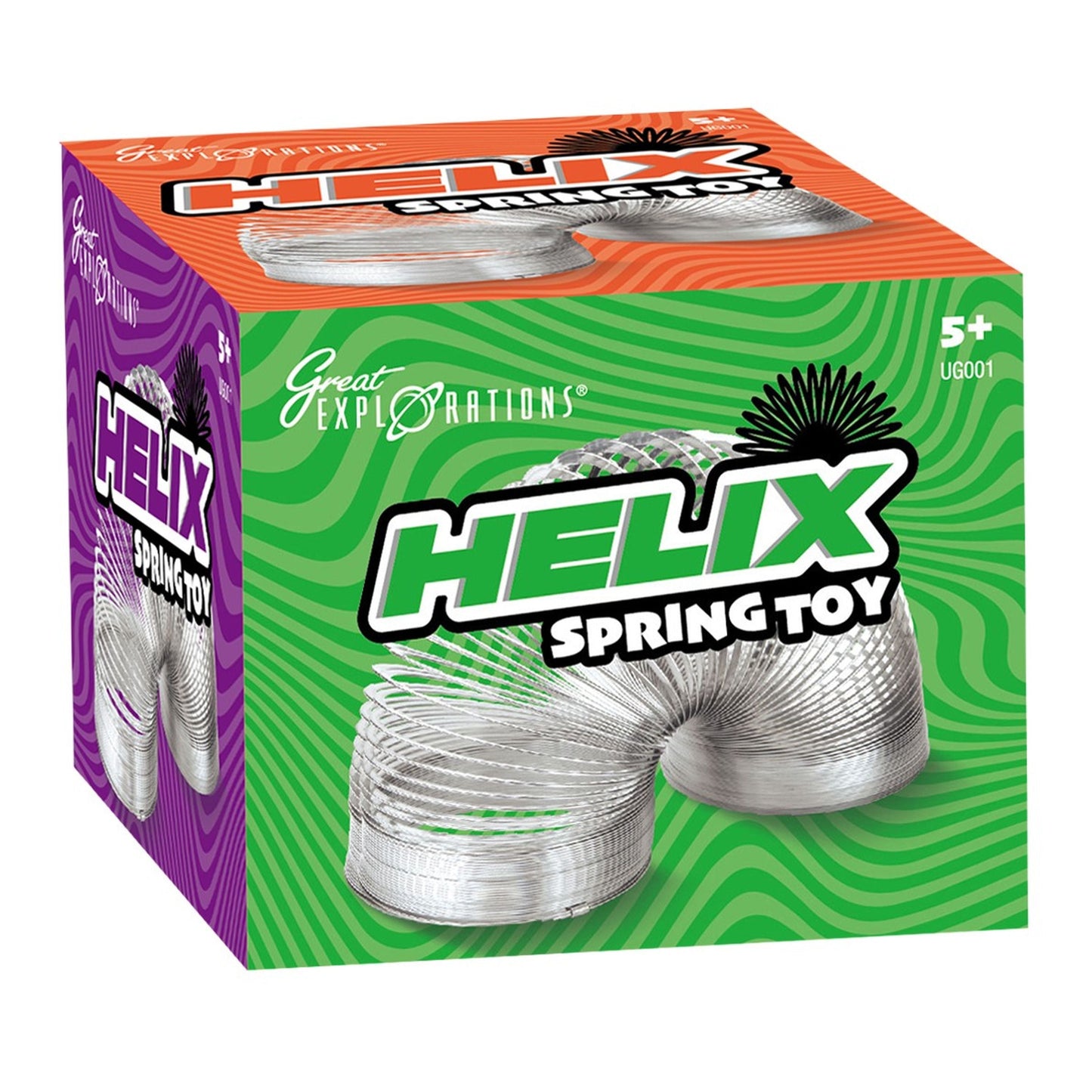 Helix Spring Toy retail box, featuring a silver metal coil stretched across colorful green, orange, and purple wavy patterns