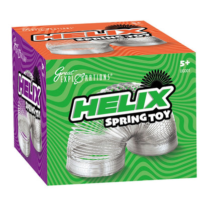 Helix Spring Toy retail box, featuring a silver metal coil stretched across colorful green, orange, and purple wavy patterns