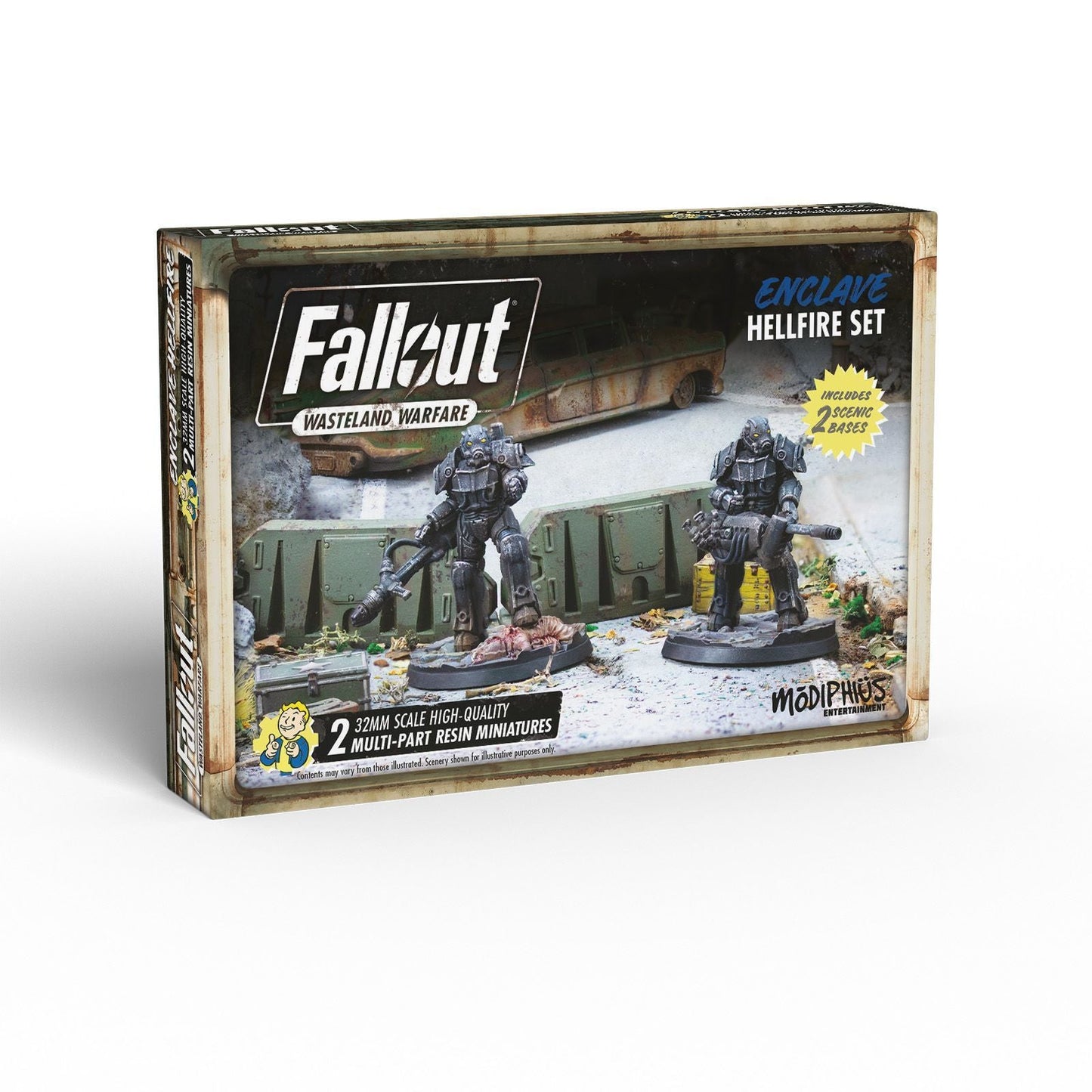 Fallout: Wasteland Warfare Enclave Hellfire miniatures box showing two power-armored figures with weapons