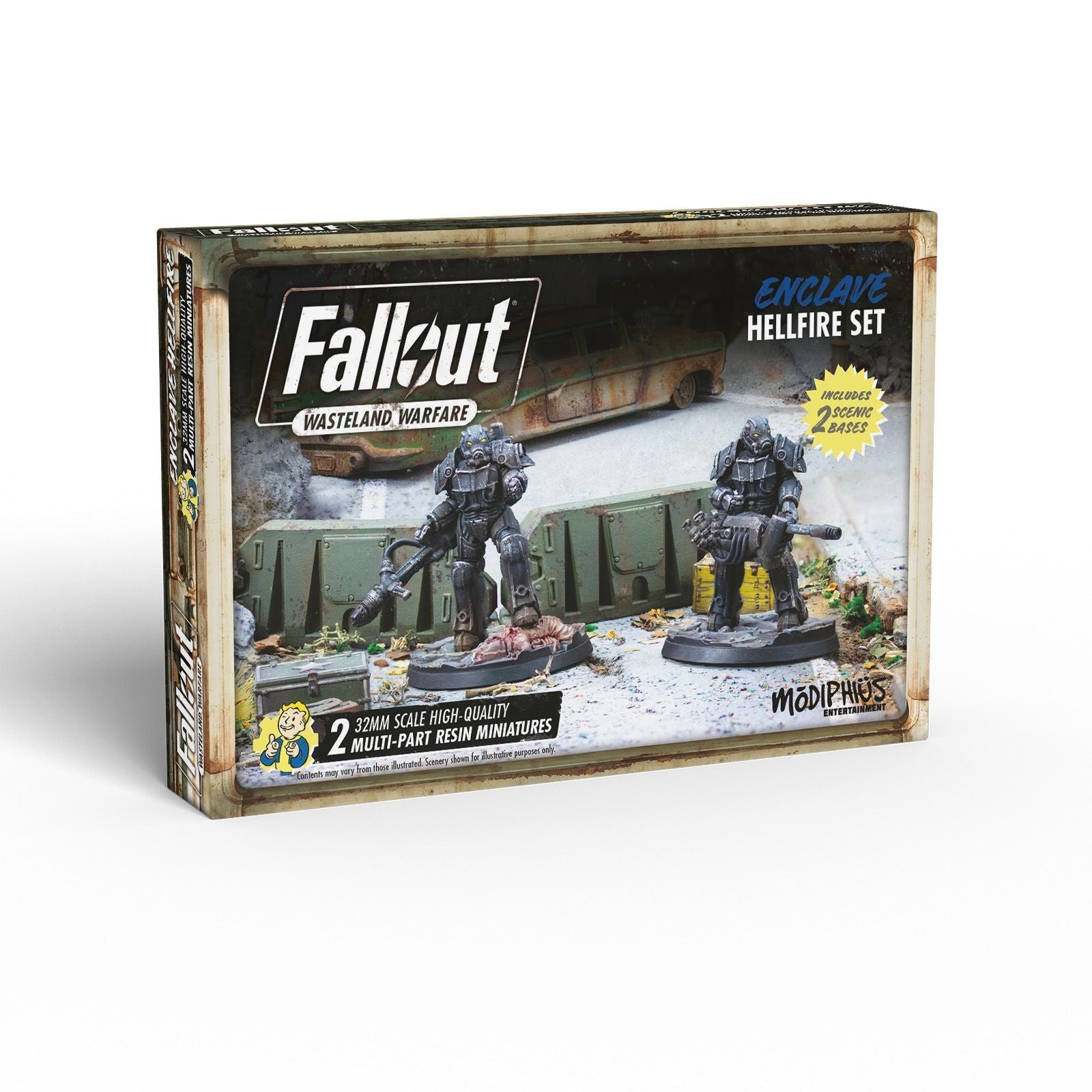 Fallout: Wasteland Warfare Enclave Hellfire miniatures box showing two power-armored figures with weapons