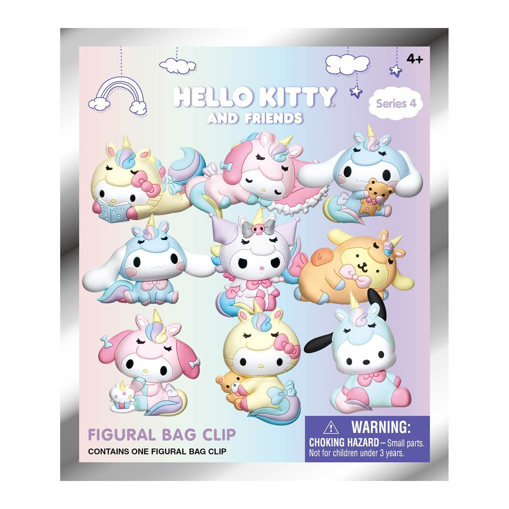 Nine Hello Kitty and Friends Series 4 pastel unicorn figural bag clips, featuring characters like Hello Kitty, My Melody, and Cinnamoroll