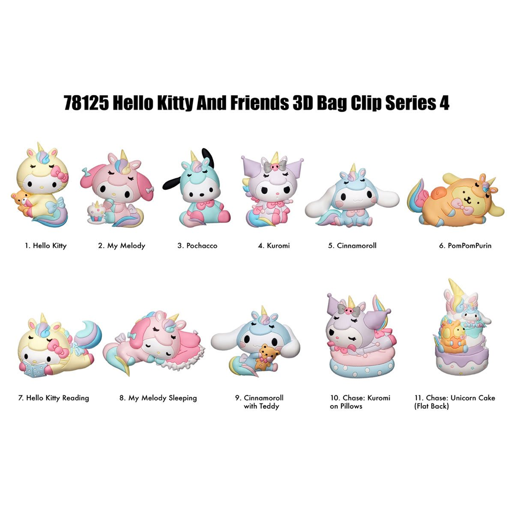 78125 Hello Kitty and Friends 3D Bag Clip Series 4 showing 11 unicorn-themed Sanrio characters like Hello Kitty, My Melody, and Cinnamoroll in pastel colors