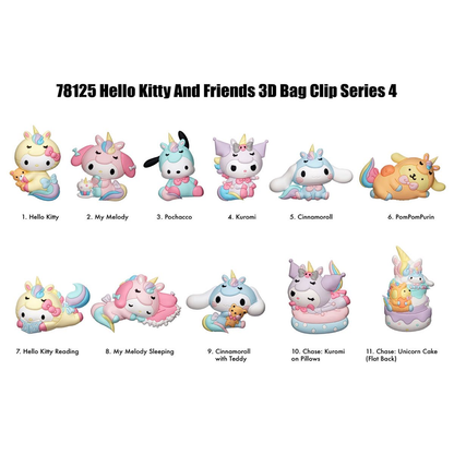 78125 Hello Kitty and Friends 3D Bag Clip Series 4 showing 11 unicorn-themed Sanrio characters like Hello Kitty, My Melody, and Cinnamoroll in pastel colors