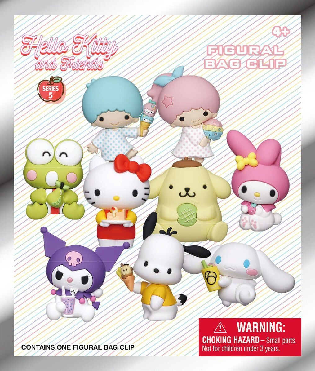 Hello Kitty and Friends Series 5 figural bag clips, featuring Hello Kitty, My Melody, Keroppi, Pompompurin, and other Sanrio characters