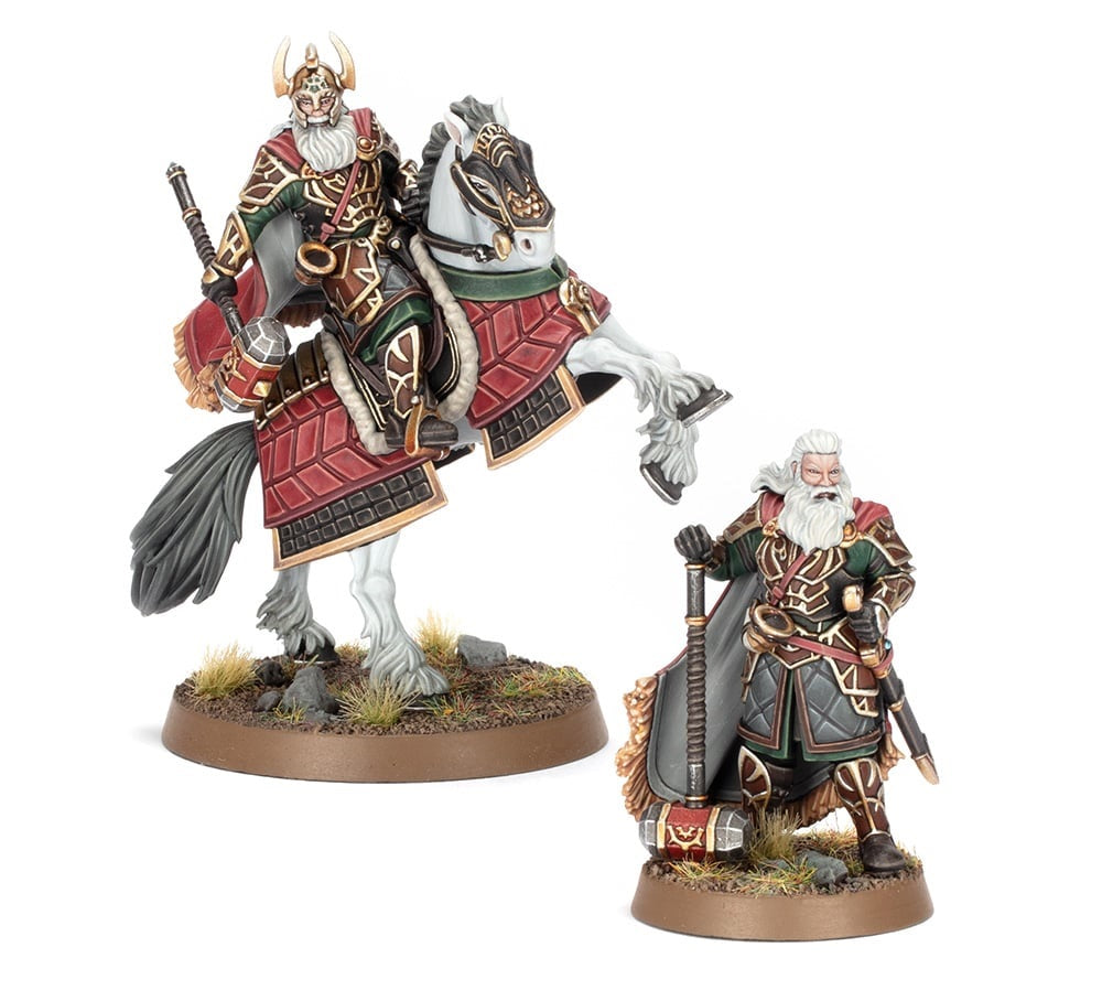 Armored fantasy warrior miniatures set: one mounted on a rearing white horse, and one standing with a large hammer