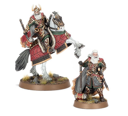 Armored fantasy warrior miniatures set: one mounted on a rearing white horse, and one standing with a large hammer