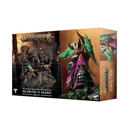 Warhammer Age of Sigmar Helmsmiths of Hashut Army Set box. Chaos Dwarf figure holding a large, green fiery hammer