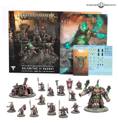 Warhammer Age of Sigmar Helmsmiths of Hashut Army Set: Box contents with books, transfers, infantry models, a monster, and a cannon