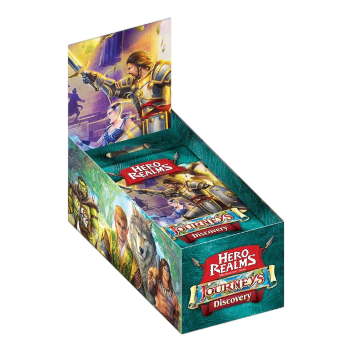 A teal display box for Hero Realms: Journeys Discovery game, featuring fantasy warriors and creatures artwork.