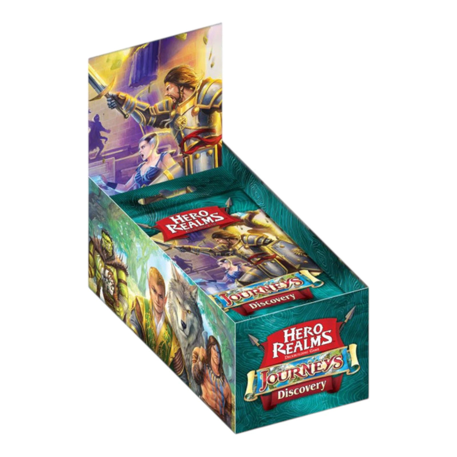 A teal display box for Hero Realms: Journeys Discovery game, featuring fantasy warriors and creatures artwork.