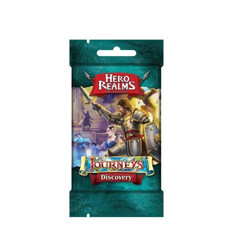 Hero Realms Journeys Discovery game pack featuring fantasy artwork of a knight with a sword and a mage.