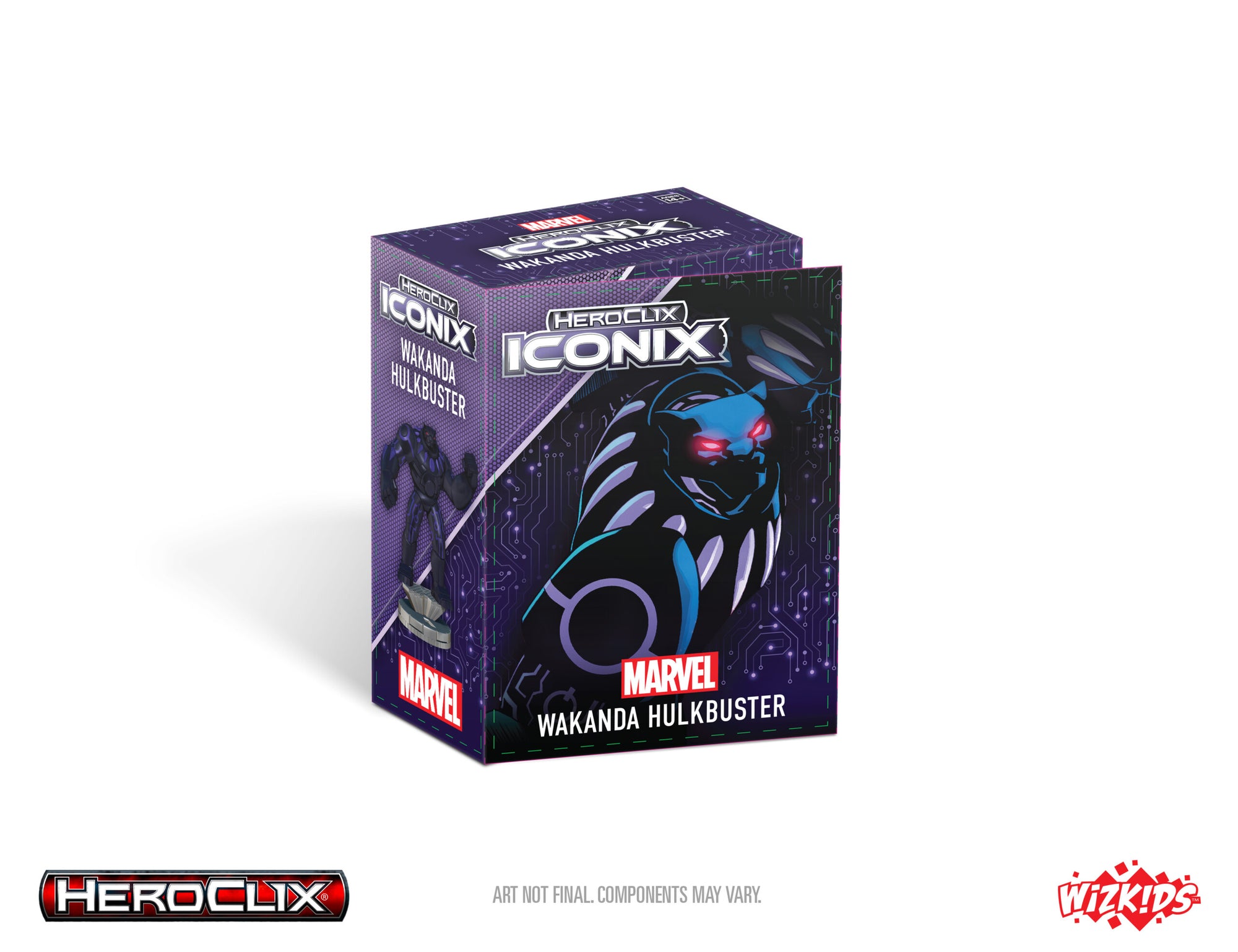 A purple Heroclix Iconix Wakanda Hulkbuster box featuring an armored head with red eyes and a full figure