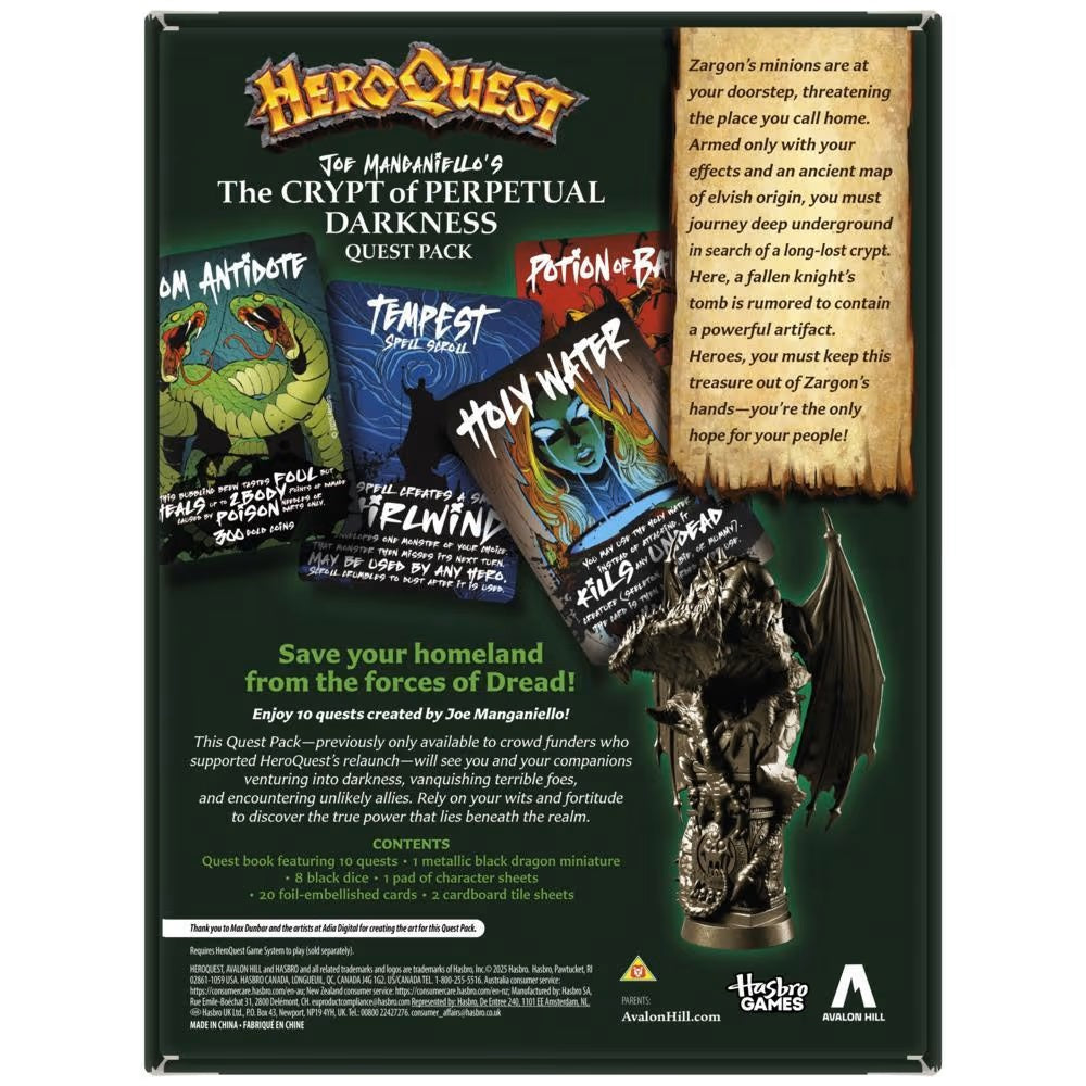 HeroQuest: The Crypt of Perpetual Darkness Quest Pack. Shows 3 game cards and a winged black dragon miniature