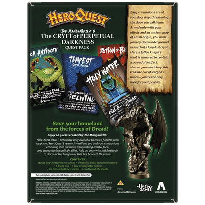 HeroQuest: The Crypt of Perpetual Darkness Quest Pack. Shows 3 game cards and a winged black dragon miniature