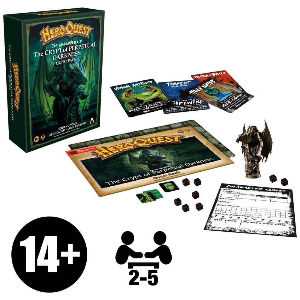 HeroQuest: The Crypt of Perpetual Darkness board game expansion box, quest book, cards, miniature, dice, and character sheet