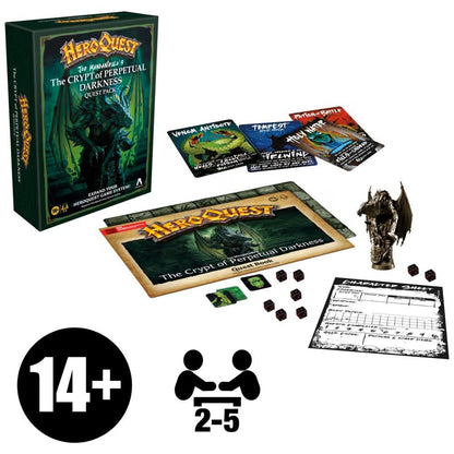 HeroQuest: The Crypt of Perpetual Darkness board game expansion box, quest book, cards, miniature, dice, and character sheet