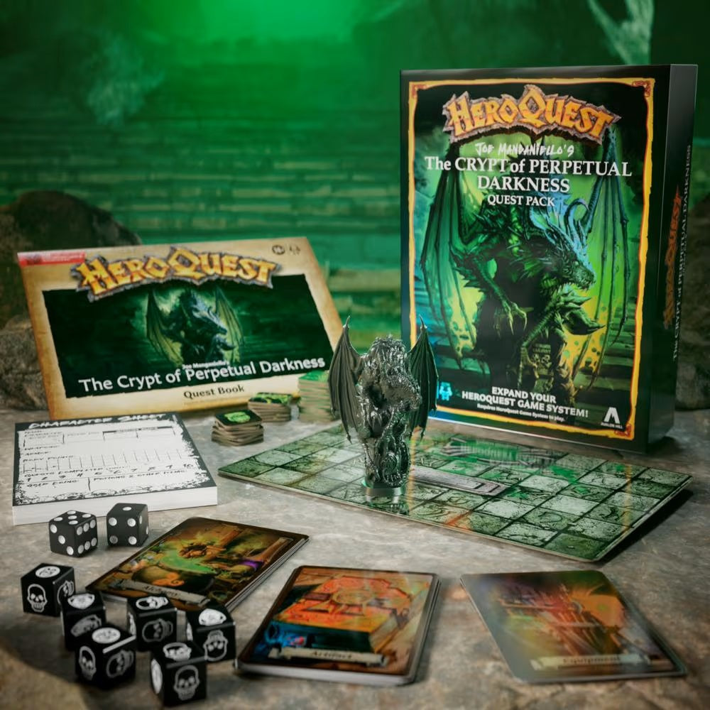 HeroQuest: The Crypt of Perpetual Darkness board game setup with expansion box, quest book, dragon miniature, cards, and dice, lit with a green glow