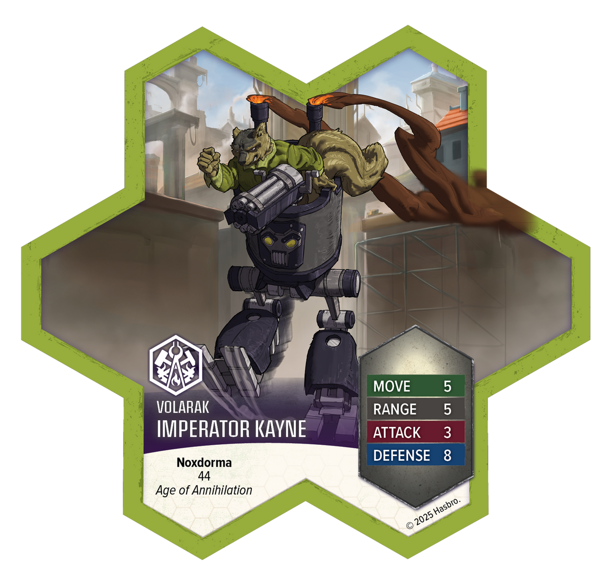 A fierce green furry creature pilots a dark mech suit with glowing eyes and a fiery back element on a hexagonal game token