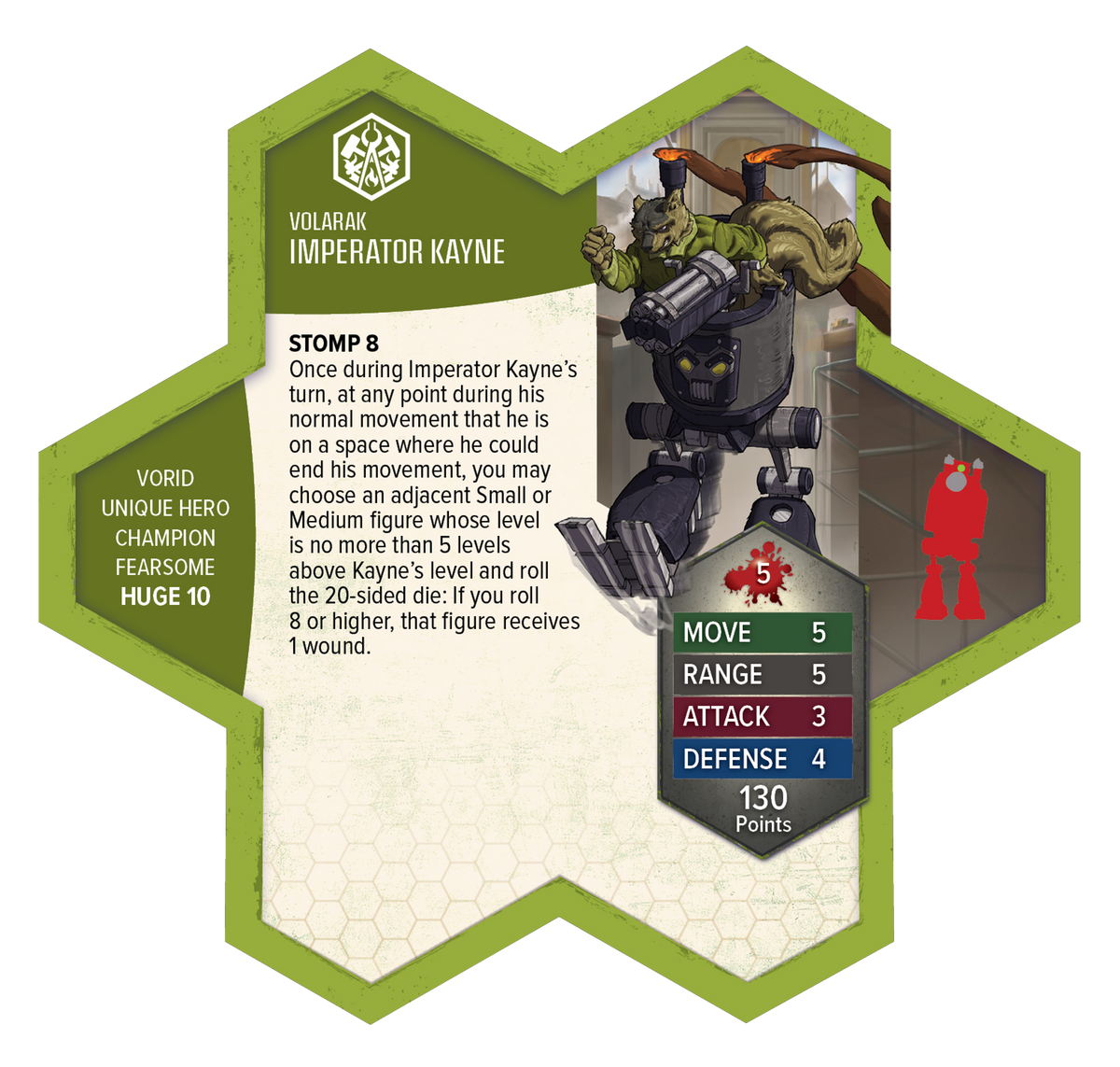 Green hexagonal game tile for Imperator Kayne: a wolf-like pilot in a dark combat mech with a large machine gun